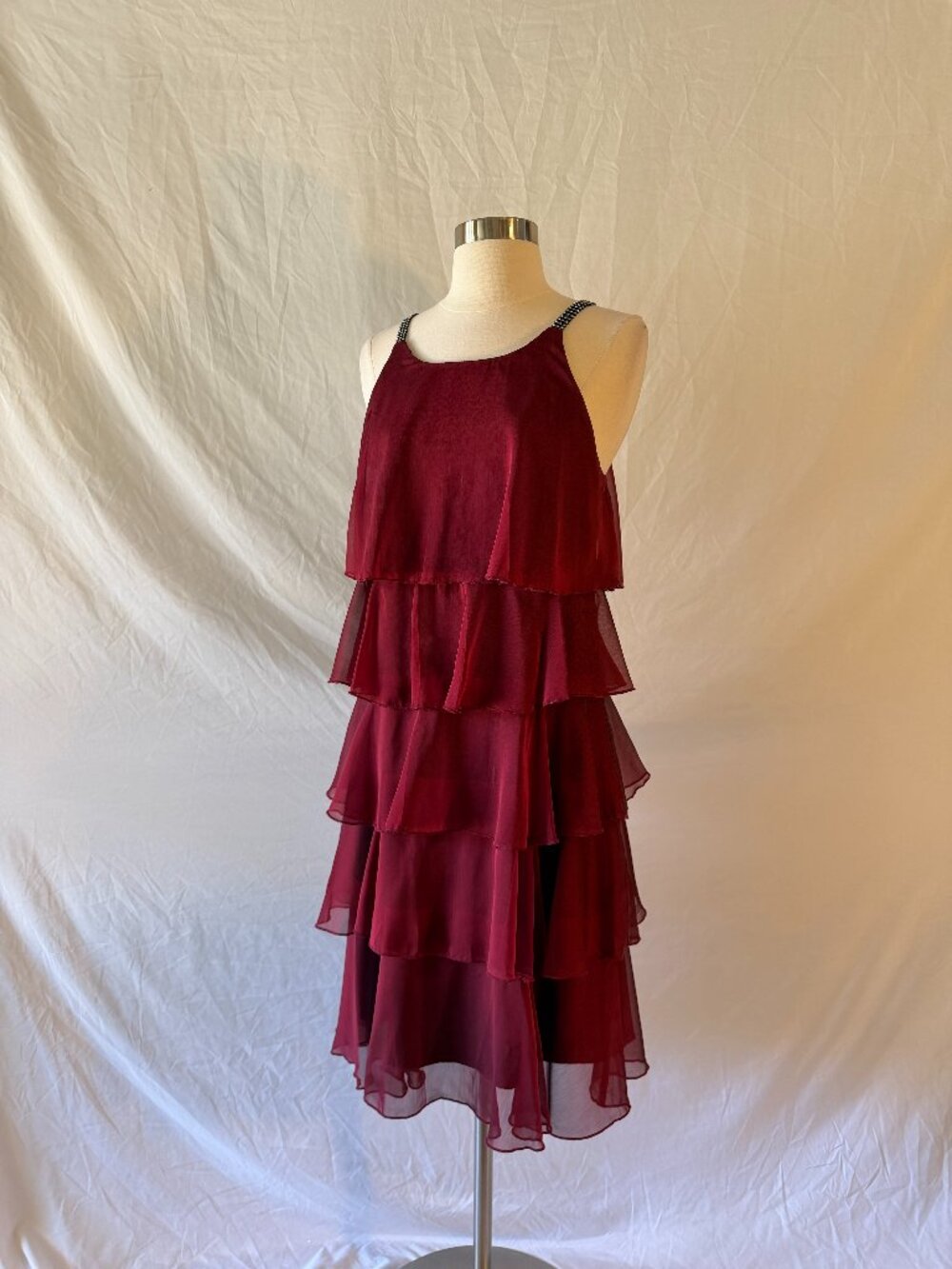 Tiered Red Ruffled Formal with Black Rhinestone Straps
